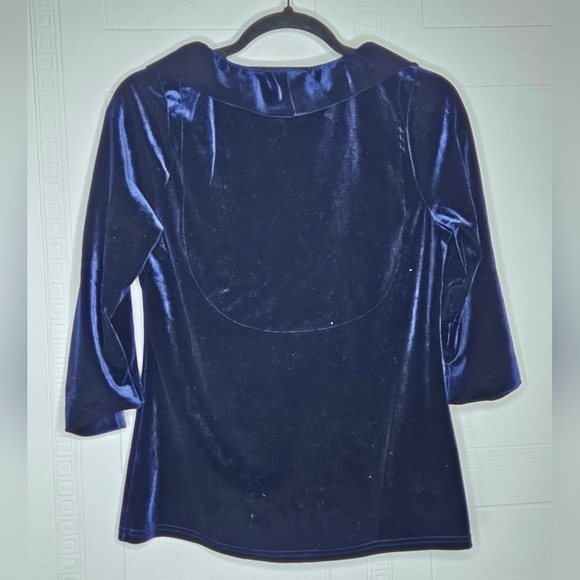 Gretchen Scott Ruffle V-neck 3/4 Sleeve Velvet Tunic Top Navy Sz S NWT Boho - Picture 2 of 10